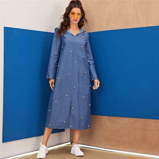 Vimost Shop denim hoodie dress for women featuring long sleeves and pearl embellishments