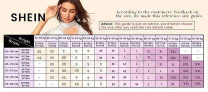 SHEIN size chart for denim hoodie dress for women showing height and weight with corresponding XS to XXL sizes