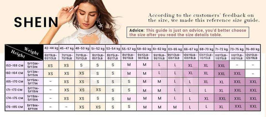 SHEIN size chart for denim hoodie dress for women showing height and weight with corresponding XS to XXL sizes