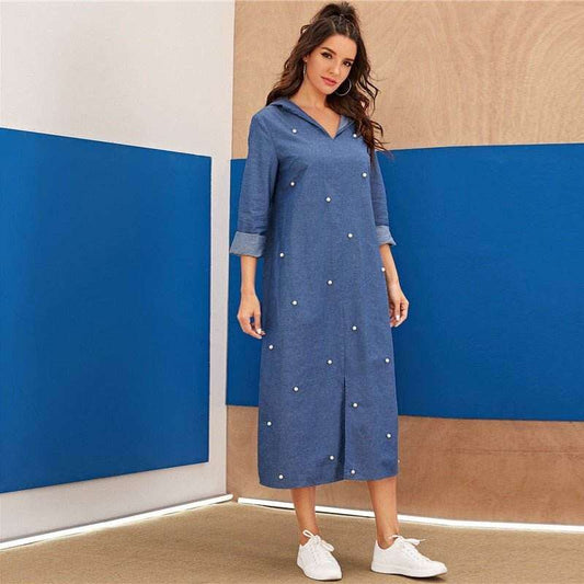 Blue denim hoodie dress for women with pearl embellishments, three-quarter sleeves, and front slit