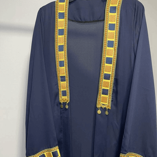 Navy blue chiffon abaya dress for women with gold embroidered trim and decorative tassels