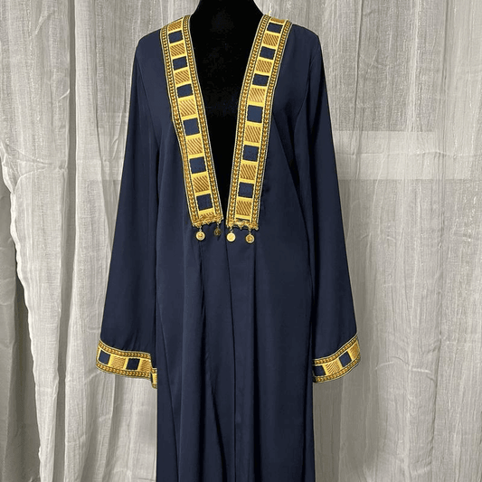 Fabaya UK navy chiffon abaya dress for women with gold geometric trim on neckline and cuffs