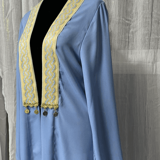 Fabaya UK light blue chiffon abaya dress for women with decorative golden trim and hanging charms