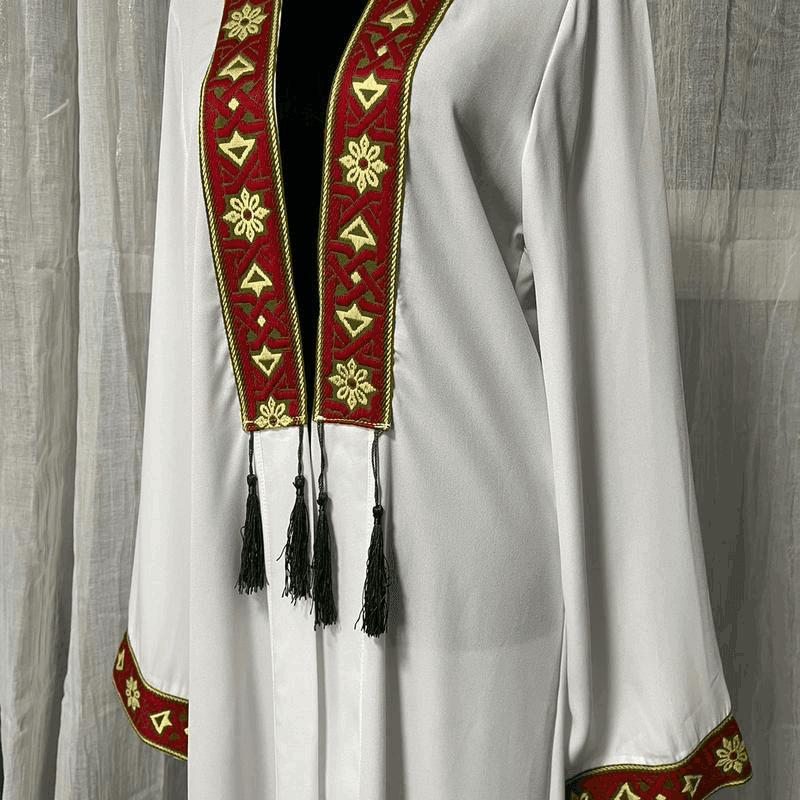 Fabaya UK white chiffon abaya dress for women with red and gold embroidered trim and tassel details