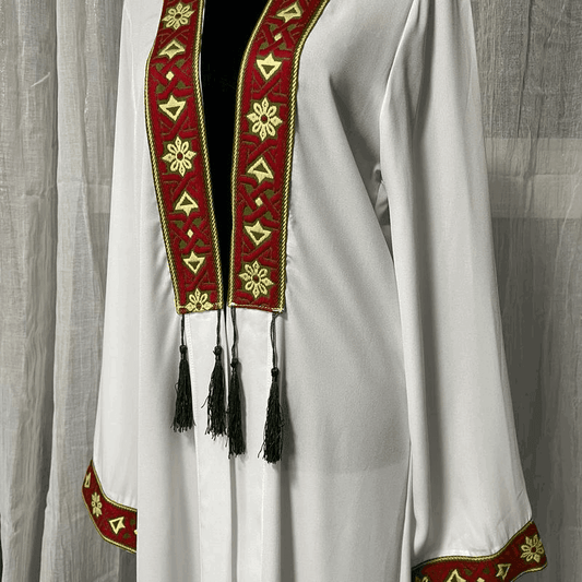 Fabaya UK white chiffon abaya dress for women with red and gold embroidered trim and tassel details