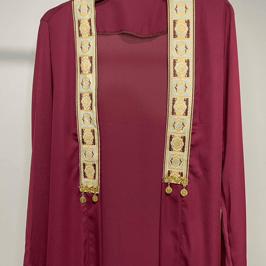 Maroon chiffon abaya dress for women with decorative gold and cream embroidered trim by Fabaya UK