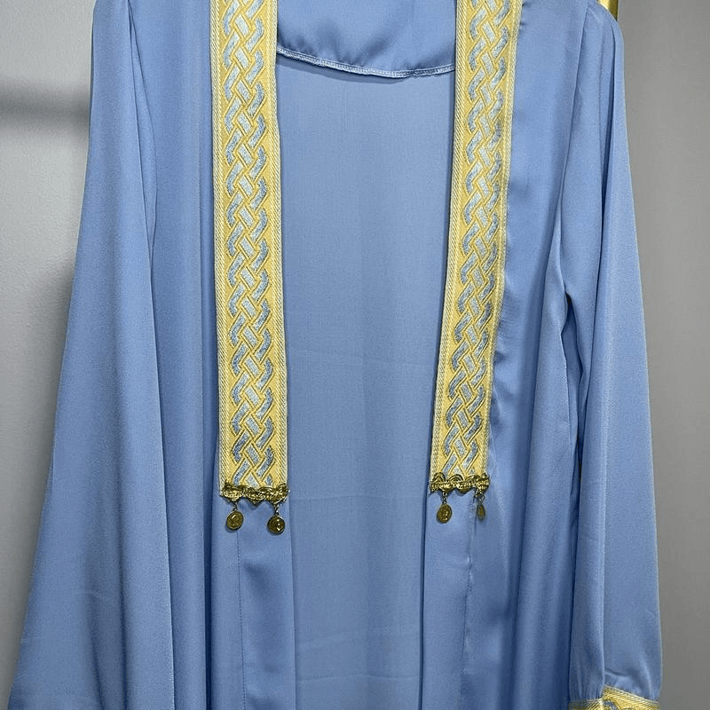 Light blue chiffon abaya dress for women with intricate gold embroidery and dangling embellishments
