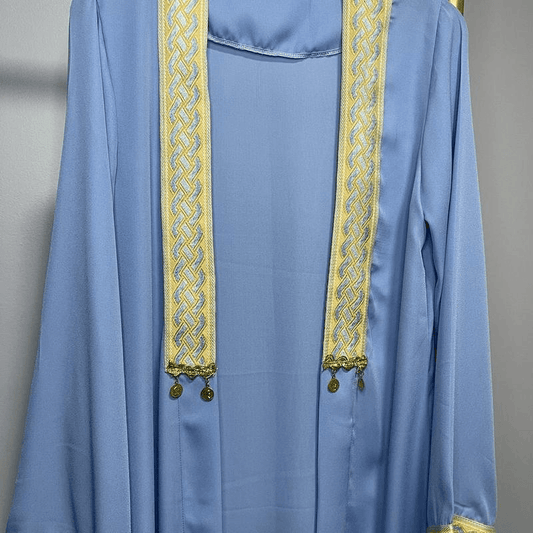 Light blue chiffon abaya dress for women with intricate gold embroidery and dangling embellishments