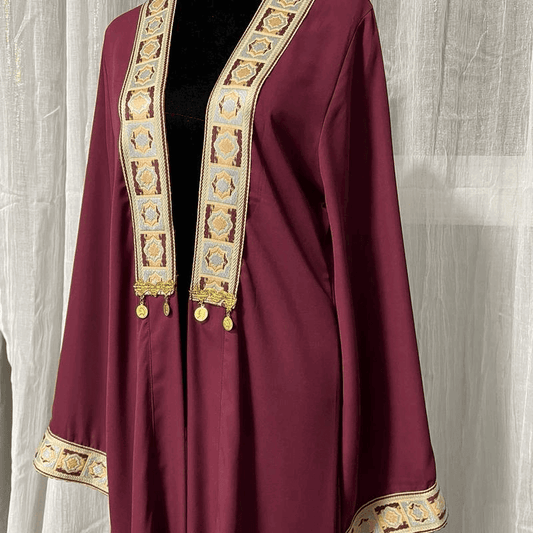 Maroon chiffon abaya dress for women with gold embroidered trim and coin embellishments by Fabaya UK