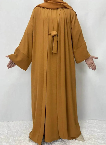 Fabaya UK cotton linen abaya set in mustard yellow with wide sleeves and front tie detail
