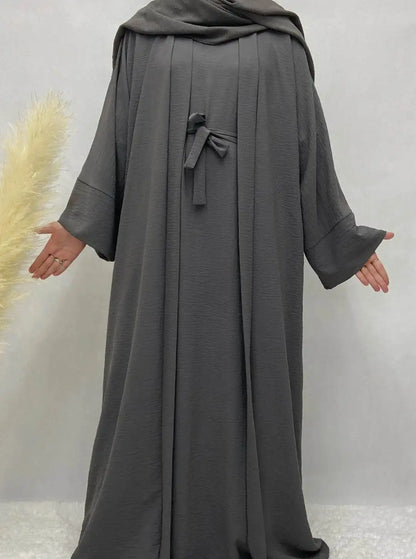 Fabaya UK dark gray cotton linen abaya set with wide sleeves and front tie detail