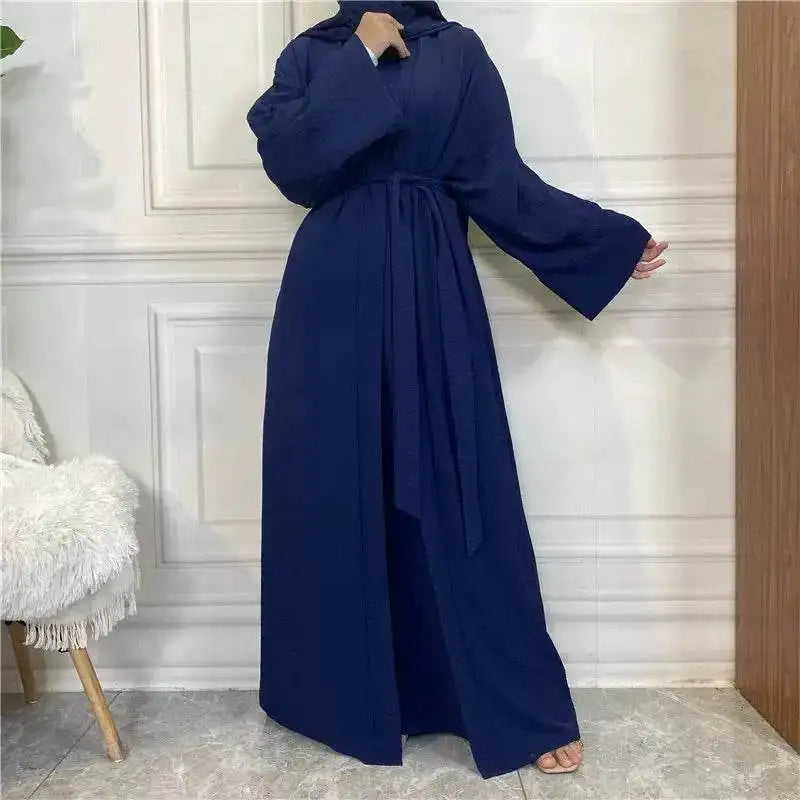 Elegant navy blue cotton linen abaya set with wide sleeves and a waist tie from Fabaya UK