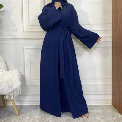 Elegant navy blue cotton linen abaya set with wide sleeves and a waist tie from Fabaya UK