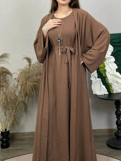 Fabaya UK brown cotton linen abaya set with belt and long sleeves for modest fashion