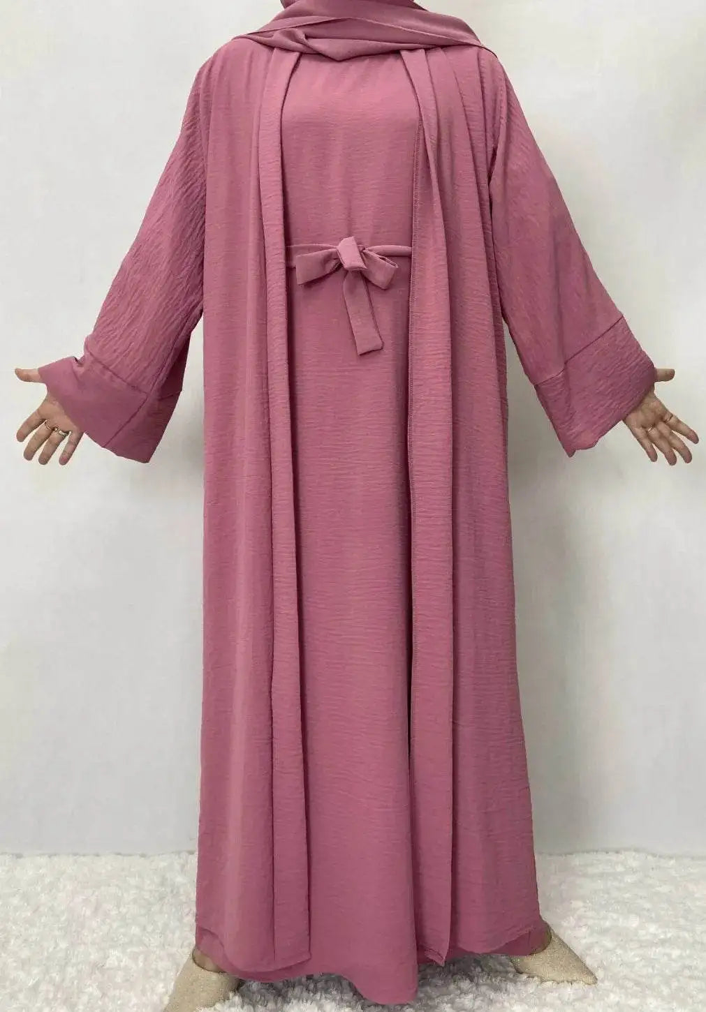 Fabaya UK pink cotton linen abaya set with long sleeves and waist tie detail