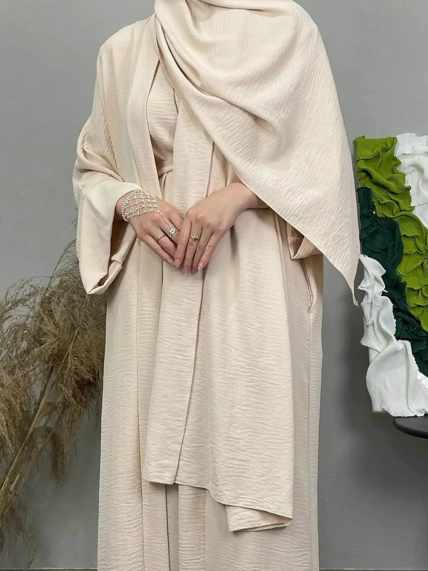 Elegant beige cotton linen abaya set by Fabaya UK featuring a textured fabric and matching hijab