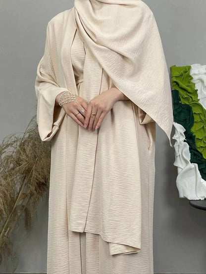 Elegant beige cotton linen abaya set by Fabaya UK featuring a textured fabric and matching hijab