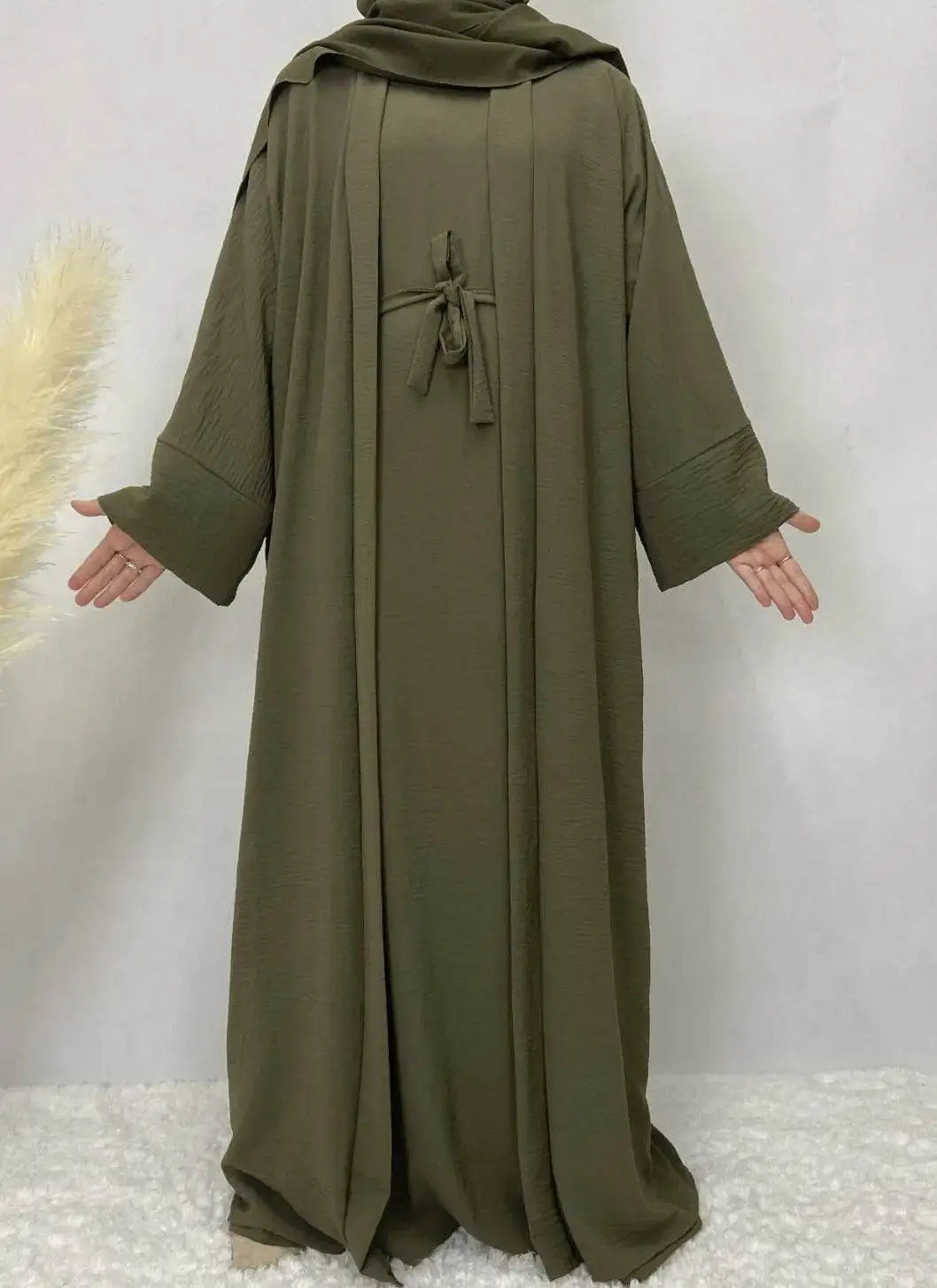 Olive green cotton linen abaya set with long sleeves and waist tie by Fabaya UK