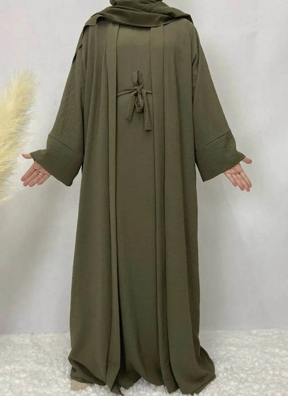 Olive green cotton linen abaya set with long sleeves and waist tie by Fabaya UK
