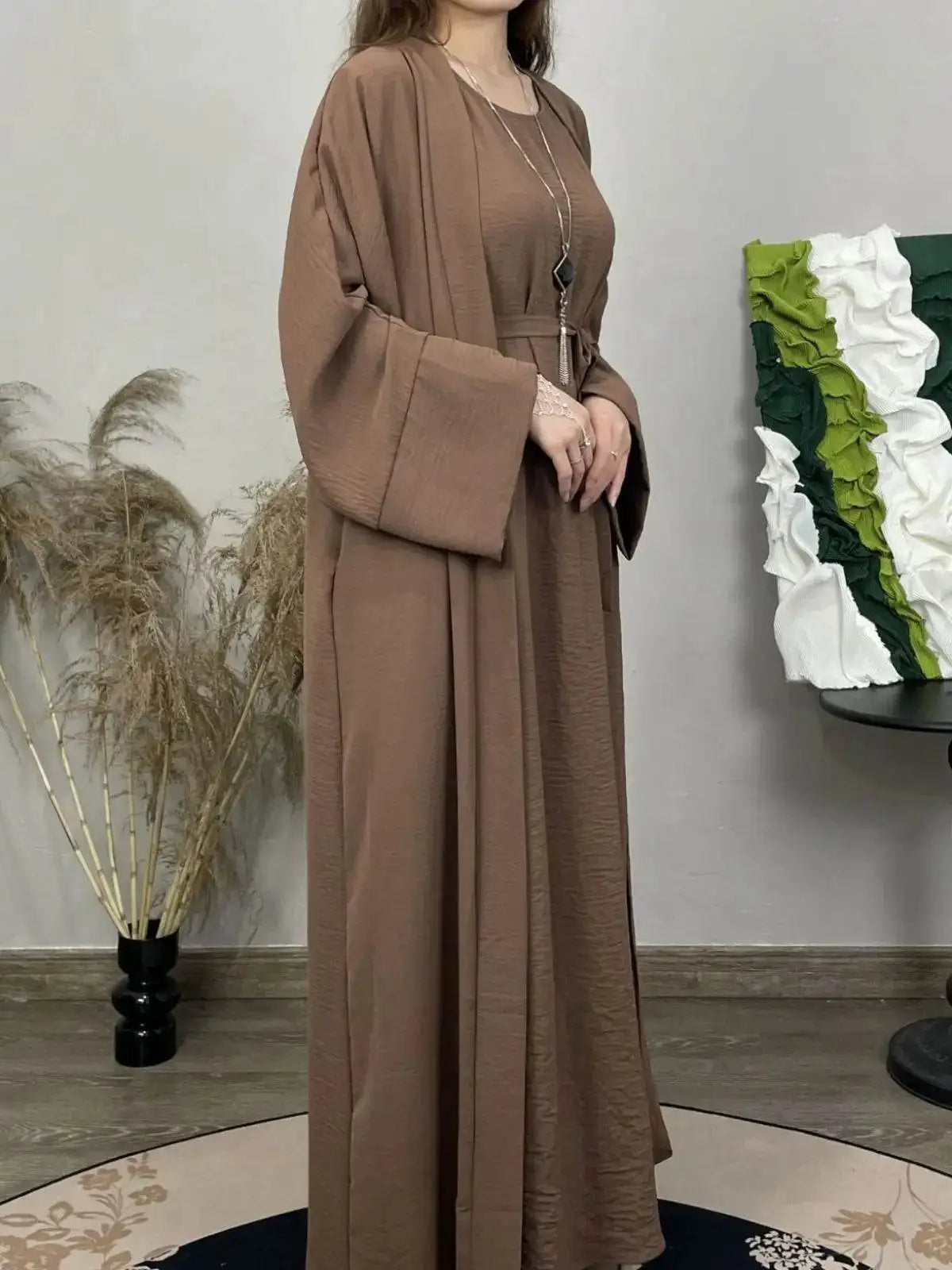 Fabaya UK brown cotton linen abaya set with wide sleeves and long flowing design