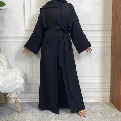 Black cotton linen abaya set with long sleeves and waist tie belt by Fabaya UK