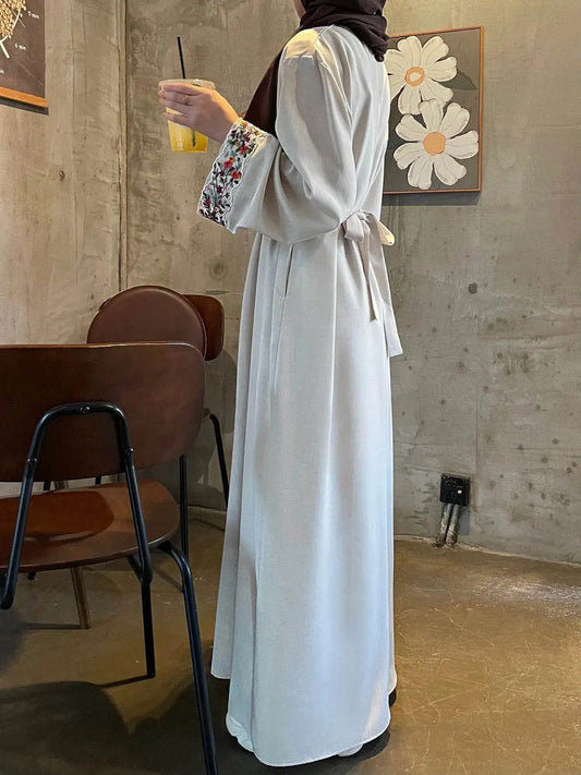 Fabaya UK cotton linen modest dress in light beige with floral sleeve details and waist tie