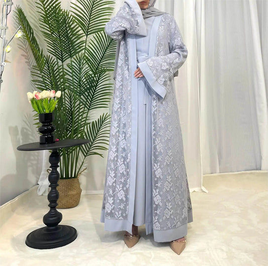 Elegant lace abaya set in light gray with floral patterns and wide sleeves by Fabaya UK