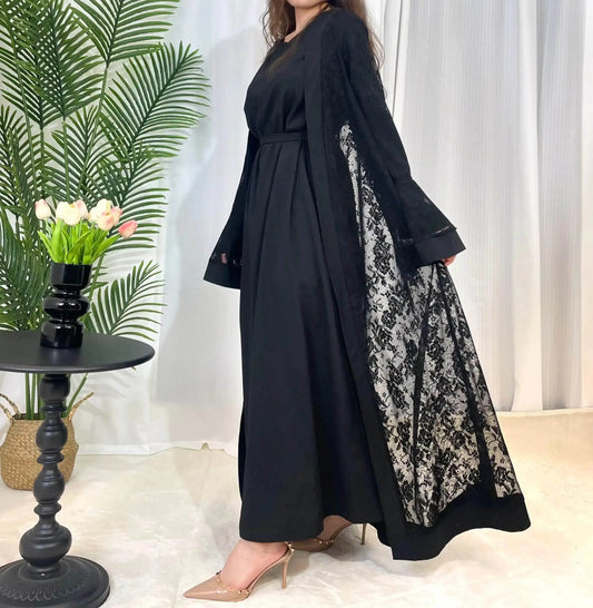 Fabaya UK black lace abaya set featuring intricate lace detailing and a flowing design