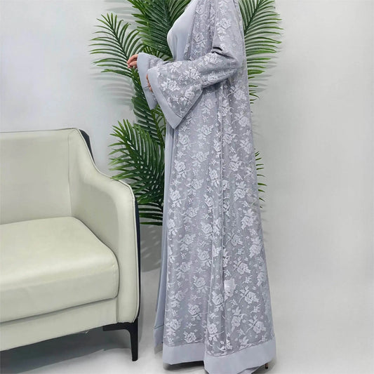 Elegant gray lace abaya set with floral patterns and wide sleeves by Fabaya UK