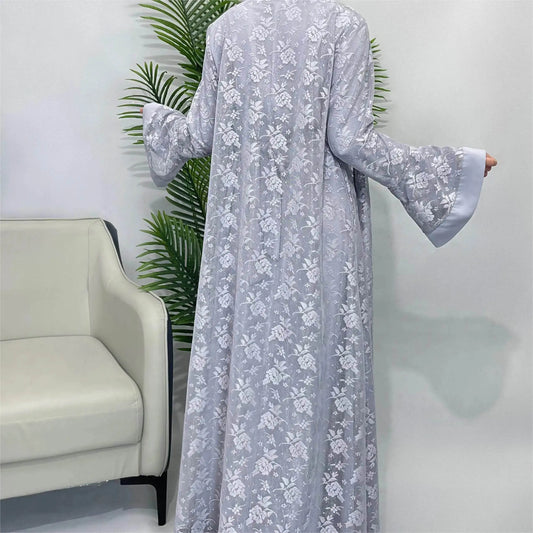 Fabaya UK light gray lace abaya set with floral embroidery and wide sleeve details