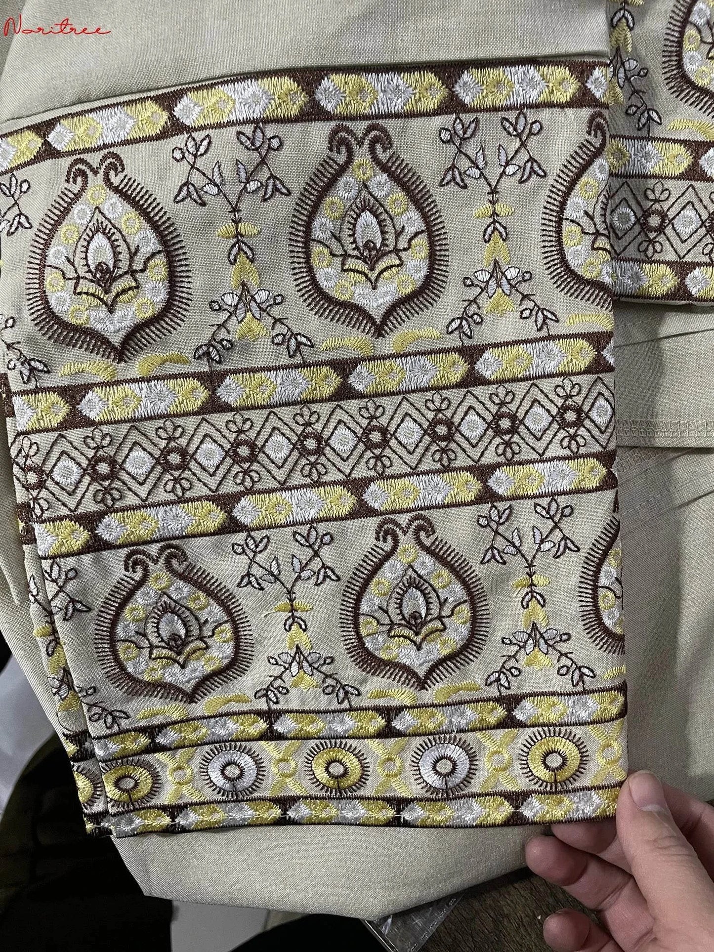 Close-up of detailed yellow and brown embroidery on Fabaya UK embroidered abaya kimono sleeve