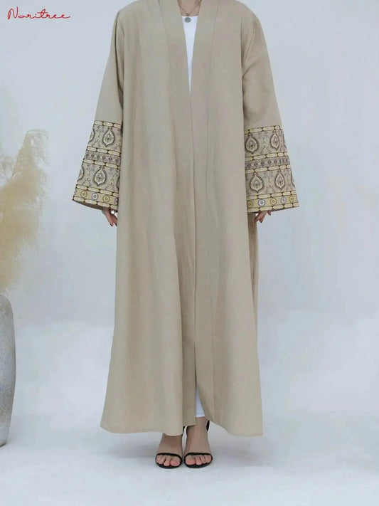 Fabaya UK beige embroidered abaya kimono with detailed sleeve embroidery and open front design