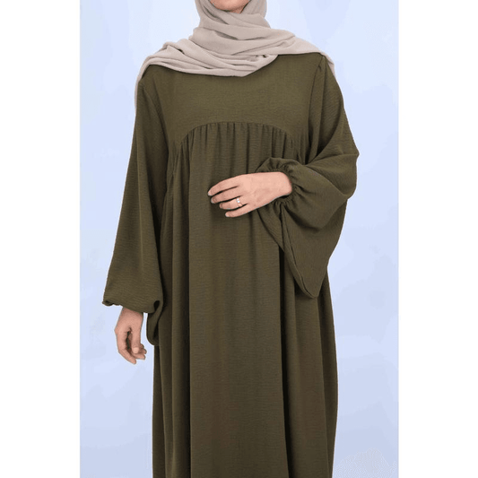 Fabaya UK modest reversible dress for women in olive green with long balloon sleeves and loose fit