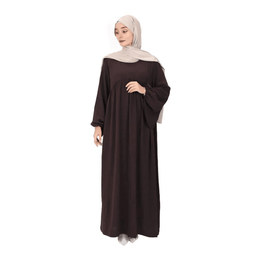 Fabaya UK modest reversible dress for women in dark brown with long sleeves and loose fit styled with beige hijab