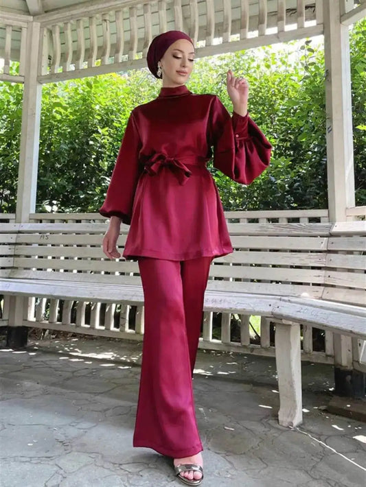 Fabaya UK shiny silky abaya set in deep red with long puff sleeves and matching pants