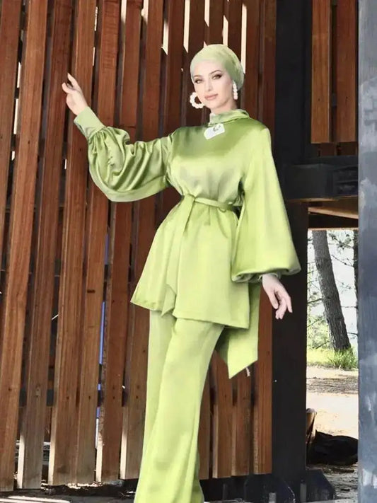 Fabaya UK shiny silky abaya set in light green with puffed sleeves and matching pants