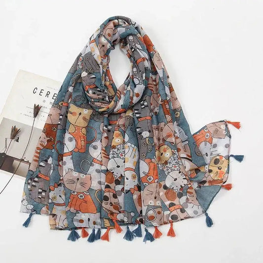 Fashion Cat Print Fringe Shawl Scarf 180x85cm fashion-cat-print-fringe-shawl-scarf-180x85cm-3847118