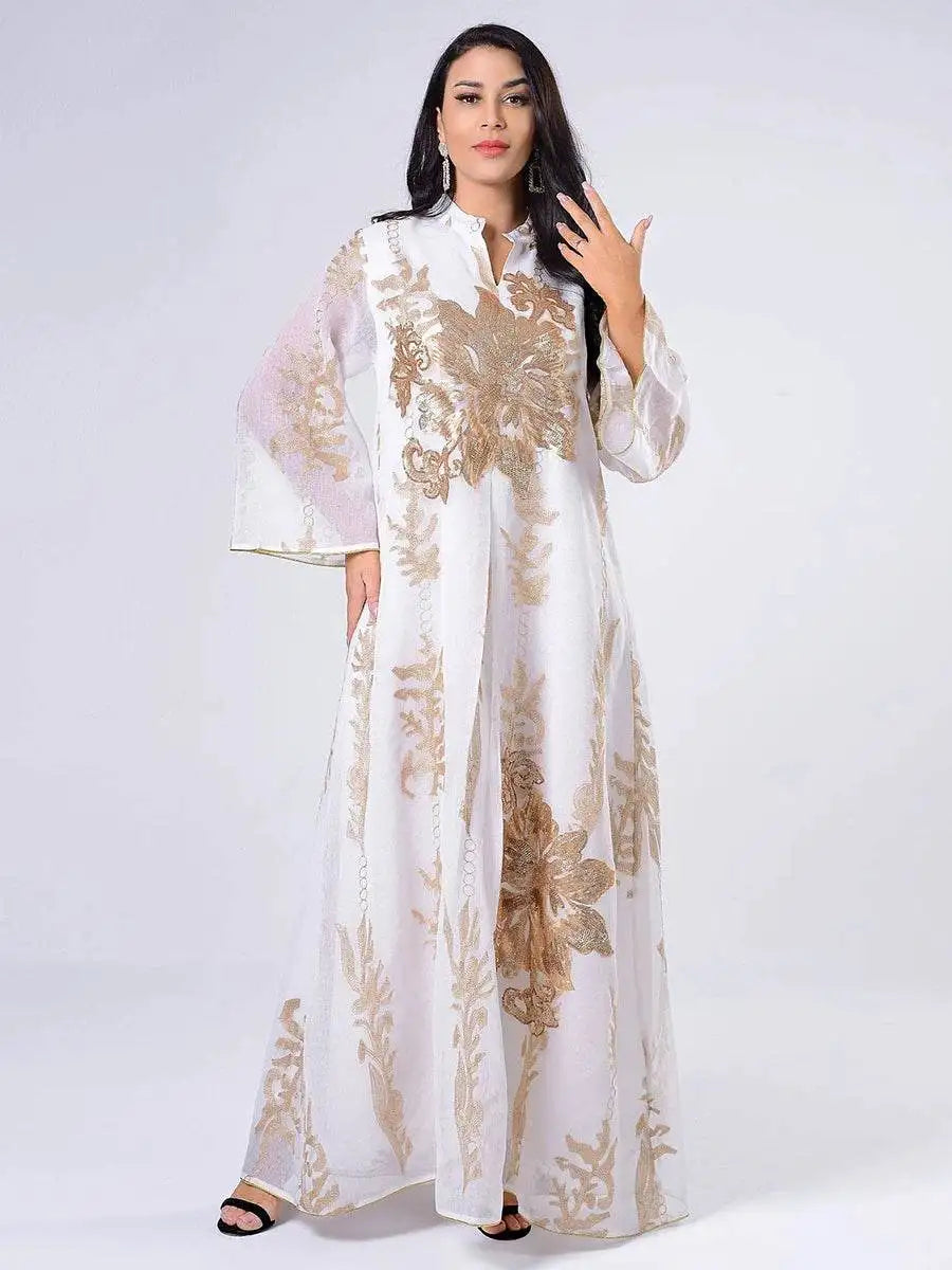 White Moroccan embroidered abaya dress with gold floral embroidery and long sleeves by Fabaya UK