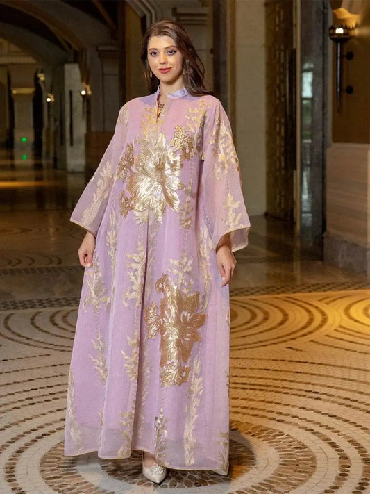 Elegant Moroccan embroidered abaya dress in soft lavender with gold floral embroidery