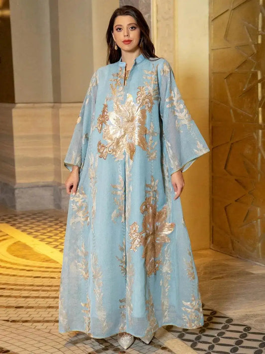 Fabaya UK Moroccan embroidered abaya dress in light blue with gold floral embroidery and long sleeves
