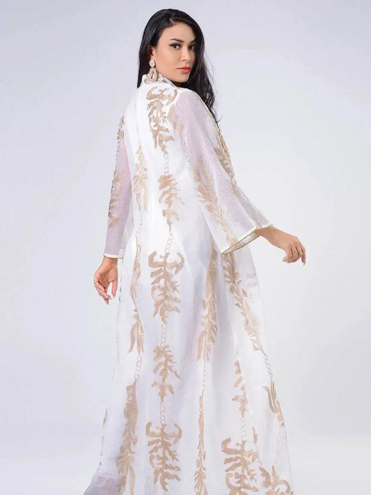 Elegant Fabaya UK Moroccan embroidered abaya dress in white with gold floral embroidery details