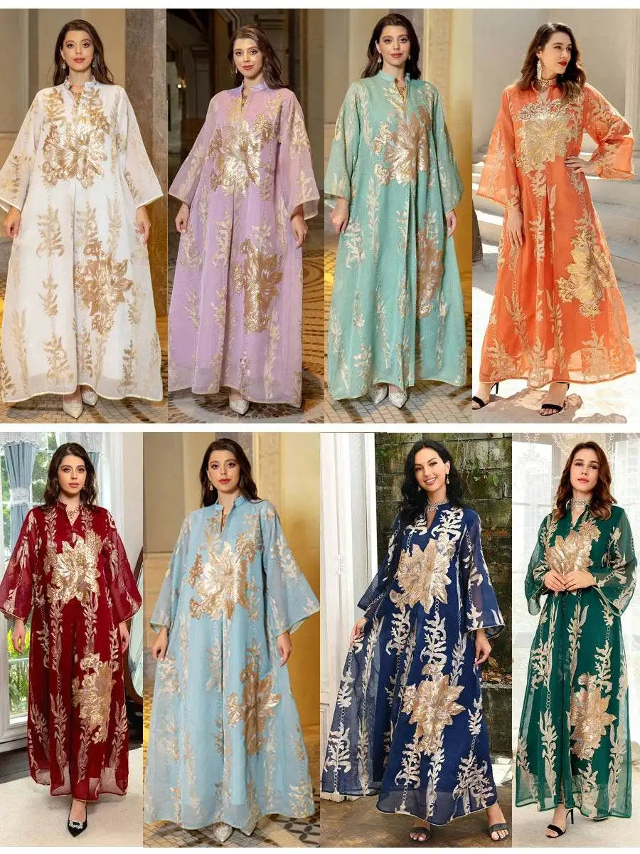 Collection of Moroccan embroidered abaya dress in various colors with gold floral designs by Fabaya UK