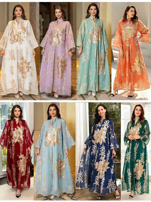 Collection of Moroccan embroidered abaya dress in various colors with gold floral designs by Fabaya UK