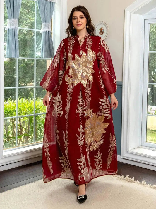 Fabaya UK Moroccan embroidered abaya dress in deep red with gold floral embroidery and long sleeves