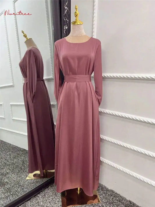 Silky Flare Sleeve Muslim Dress - Abaya Robe silky-flare-sleeve-muslim-dress-abaya-robe-1866781