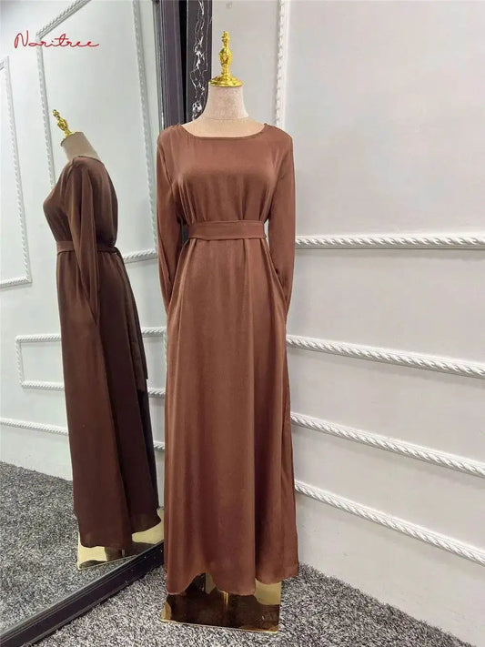 Silky Flare Sleeve Muslim Dress - Abaya Robe silky-flare-sleeve-muslim-dress-abaya-robe-2549128