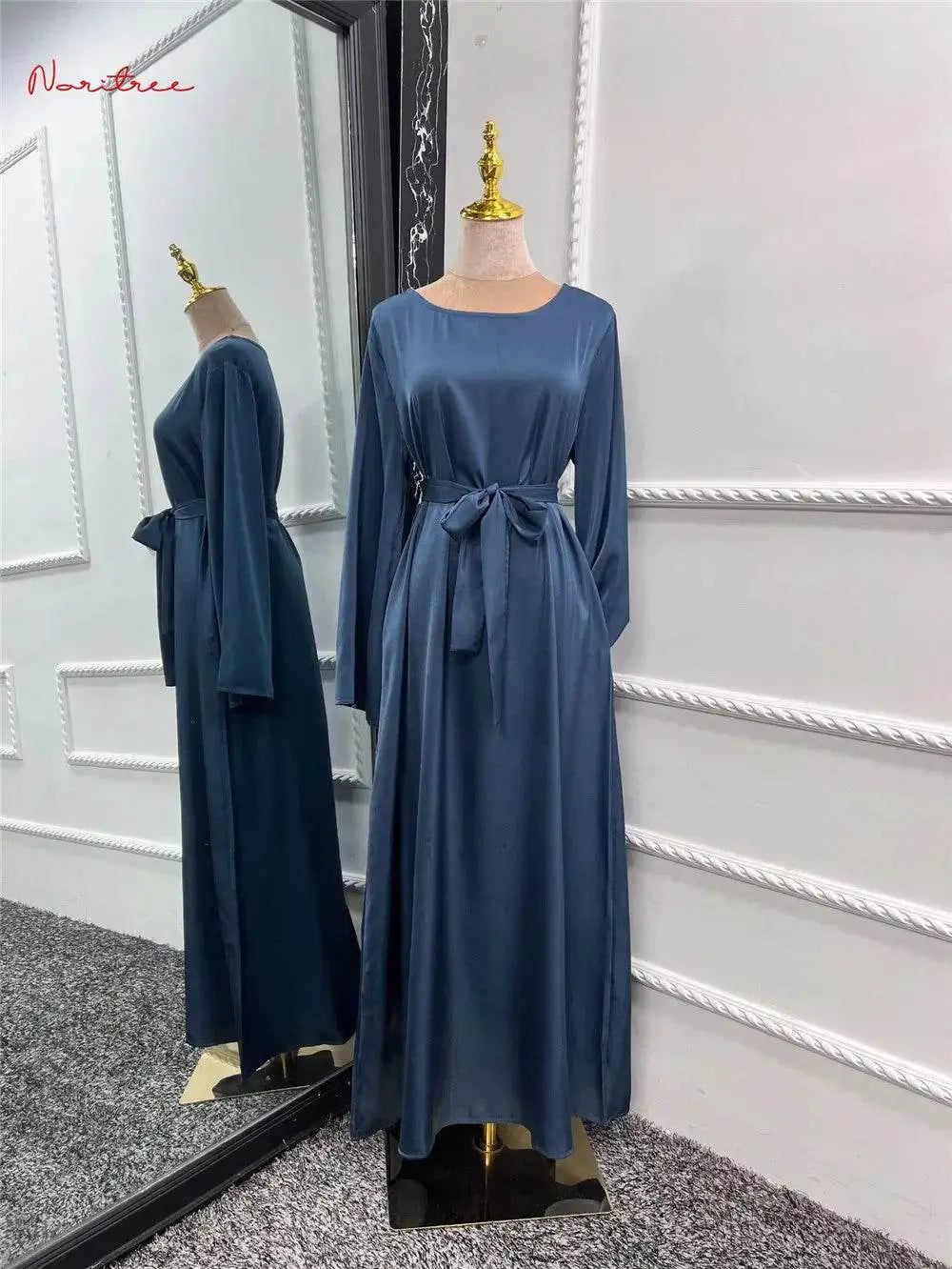 Silky Flare Sleeve Muslim Dress - Abaya Robe silky-flare-sleeve-muslim-dress-abaya-robe-9438499