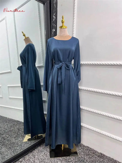 Silky Flare Sleeve Muslim Dress - Abaya Robe silky-flare-sleeve-muslim-dress-abaya-robe-9438499
