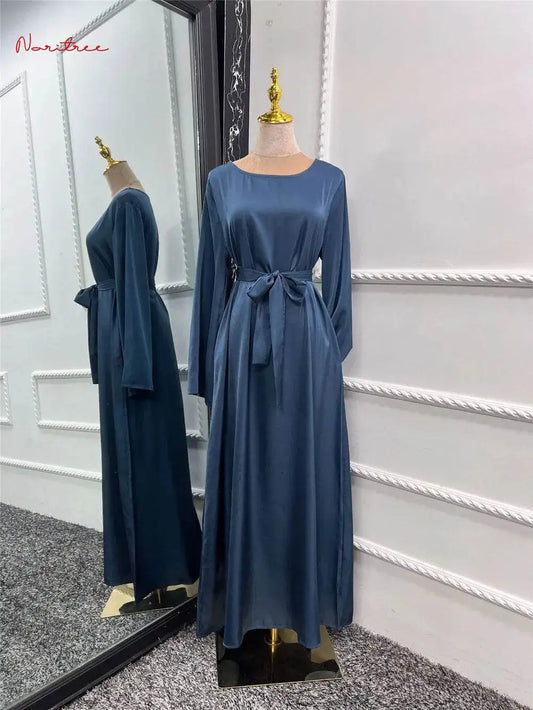 Silky Flare Sleeve Muslim Dress - Abaya Robe silky-flare-sleeve-muslim-dress-abaya-robe-9438499