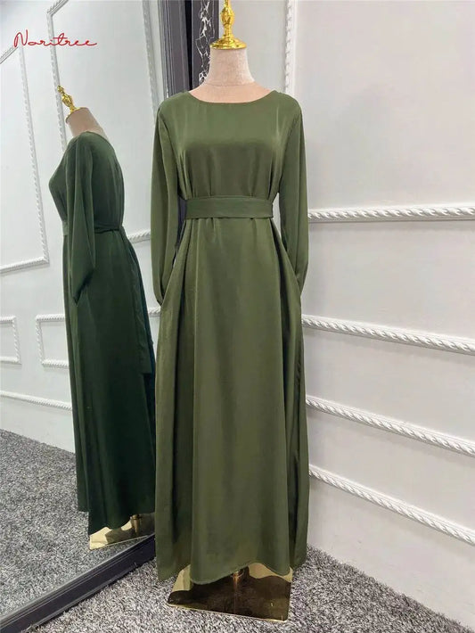 Silky Flare Sleeve Muslim Dress - Abaya Robe silky-flare-sleeve-muslim-dress-abaya-robe-9561572